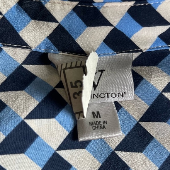 Women’s Geometric Blue and White Button-Up Silk Dress Shirt - Picture 13 of 13